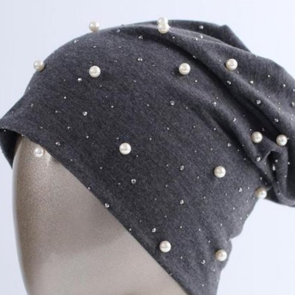 NEW Womens Gray Pearl and Rhinestone Beanie